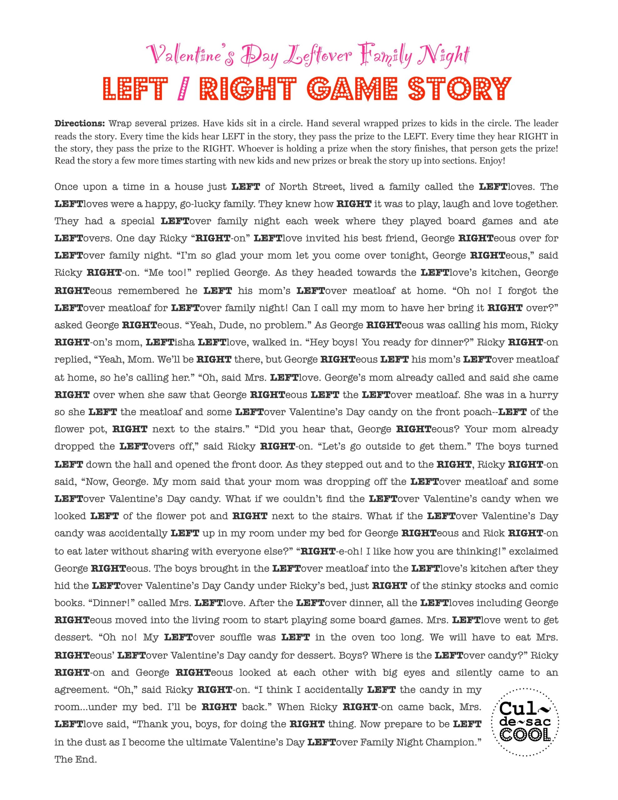 Free Printable Valentine Left Right Game