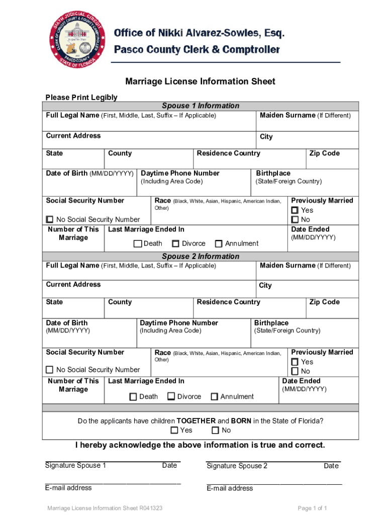 2023 2025 FL Marriage License Information Sheet Pasco County Fill Online Printable Fillable Blank PdfFiller