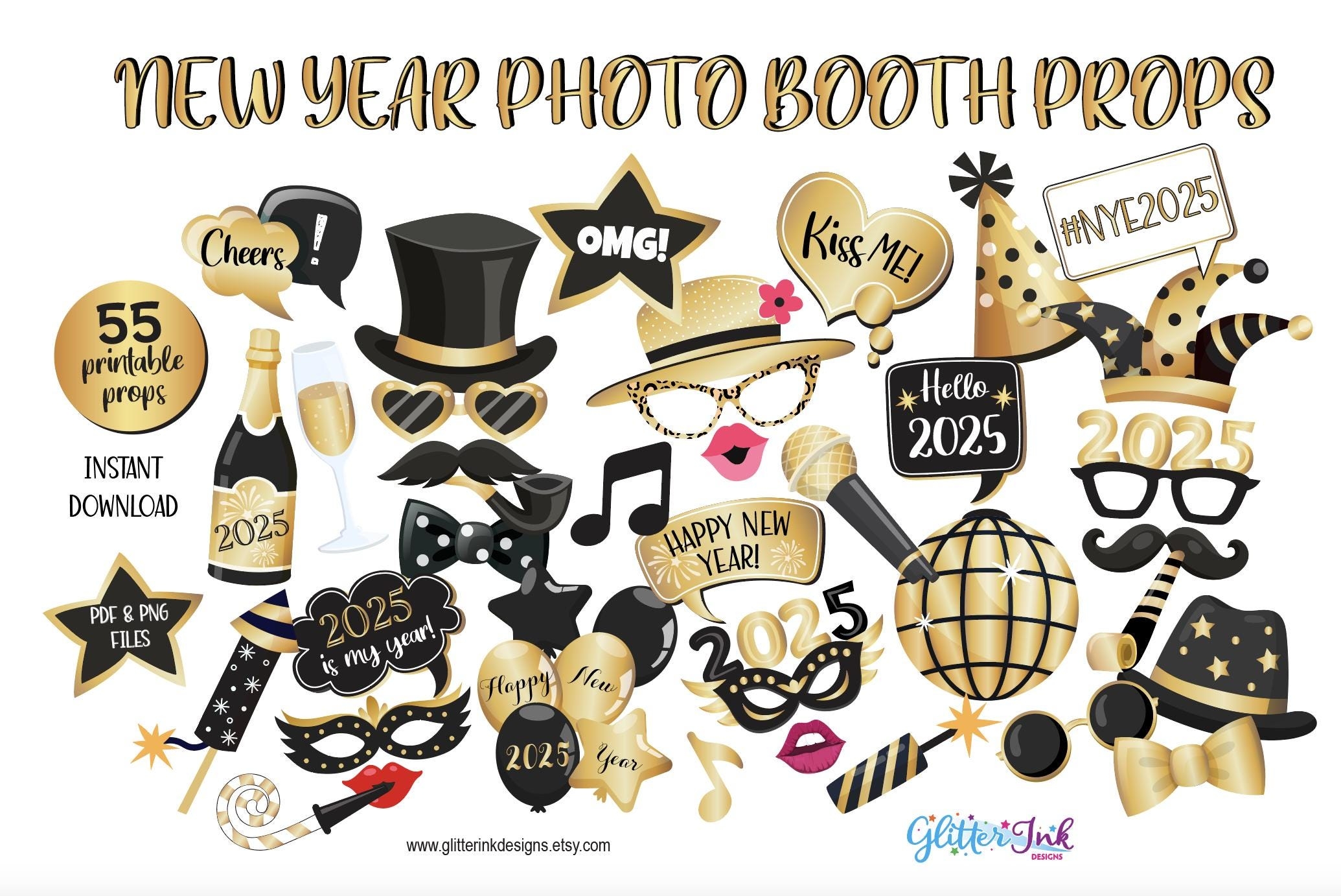 2025 New Years Eve Photo Booth Props New Year s Eve Party Decorations New Years Black And Gold Party Printable Selfie Photo Props Etsy