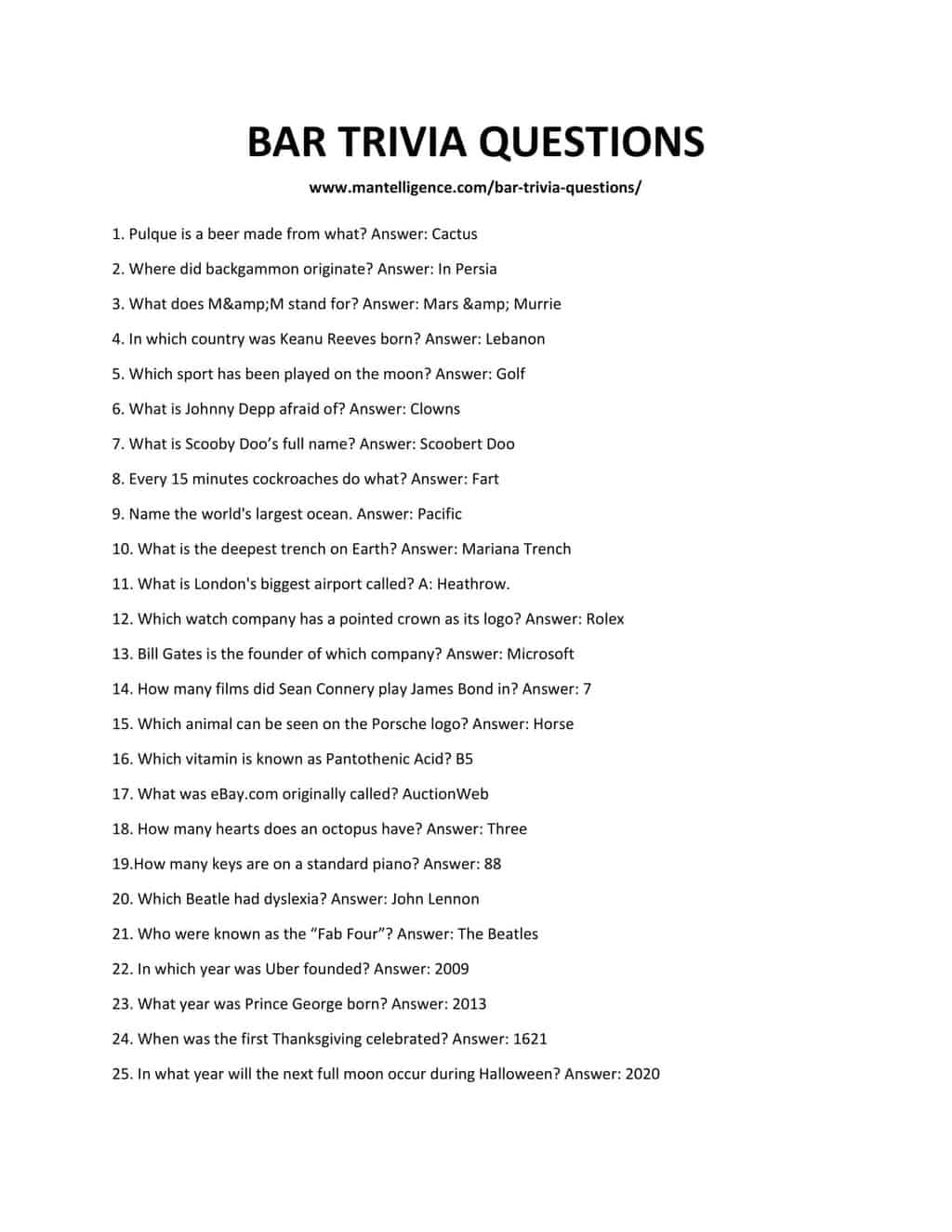 Entertainment Trivia Questions And Answers Printable