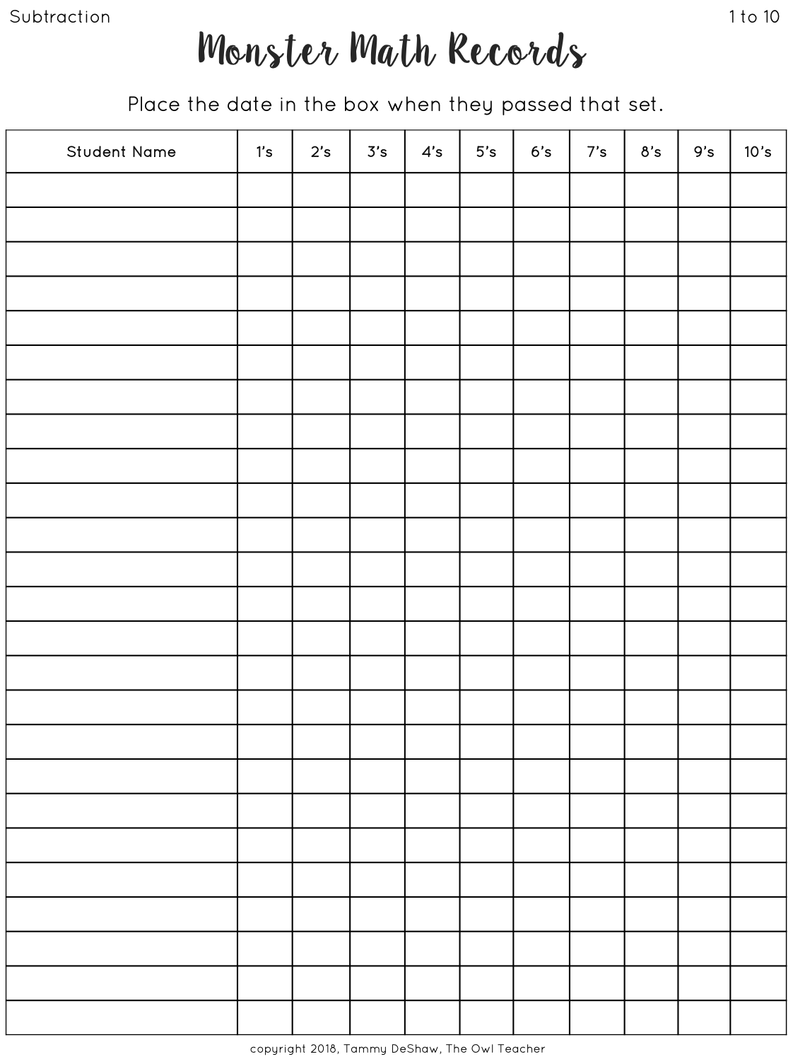 Math Fact Fluency Assessment Printable