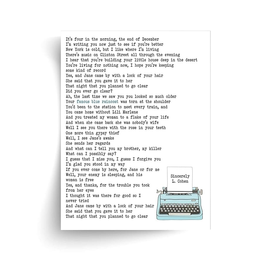 Amazon Leonard Cohen Famous Blue Raincoat Lyrics Unframed Print Home Kitchen