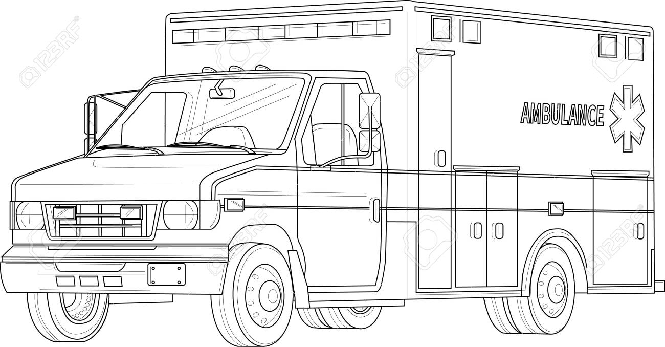 Ambulance Emergency Car Realistic Sketch Template Cartoon Vector Illustration In Black And White For Games Background Pattern Decor Print For Fabrics And Other Surfaces Coloring Paper Page Royalty Free SVG Cliparts Vectors 