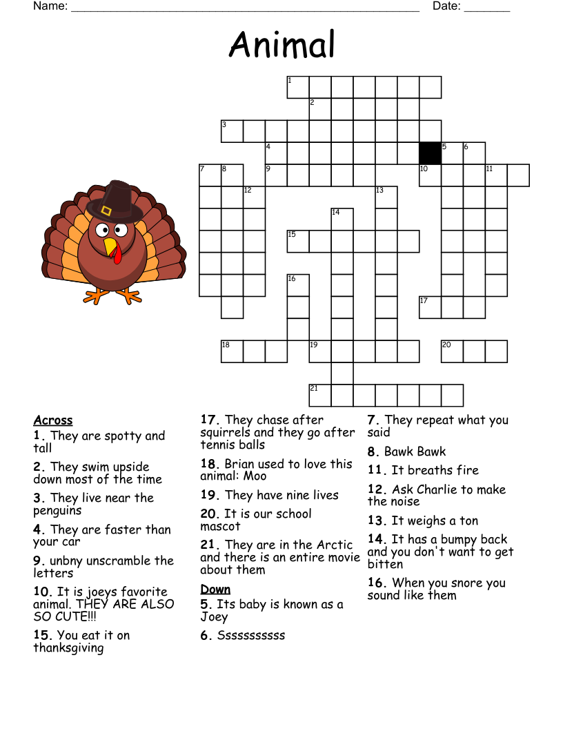 Free Animal Crossword Puzzles Printable