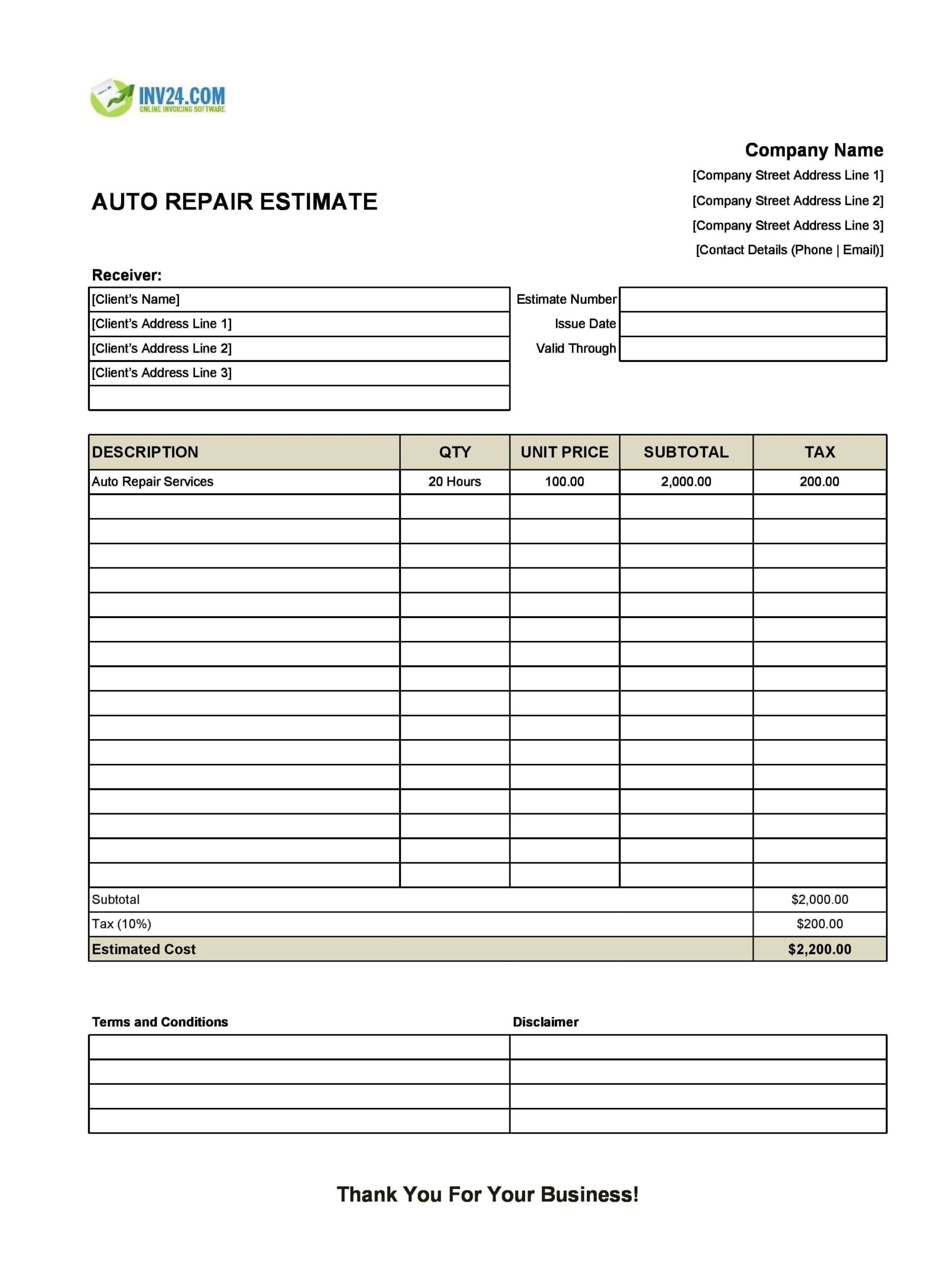 Printable Auto Body Repair Estimate Forms