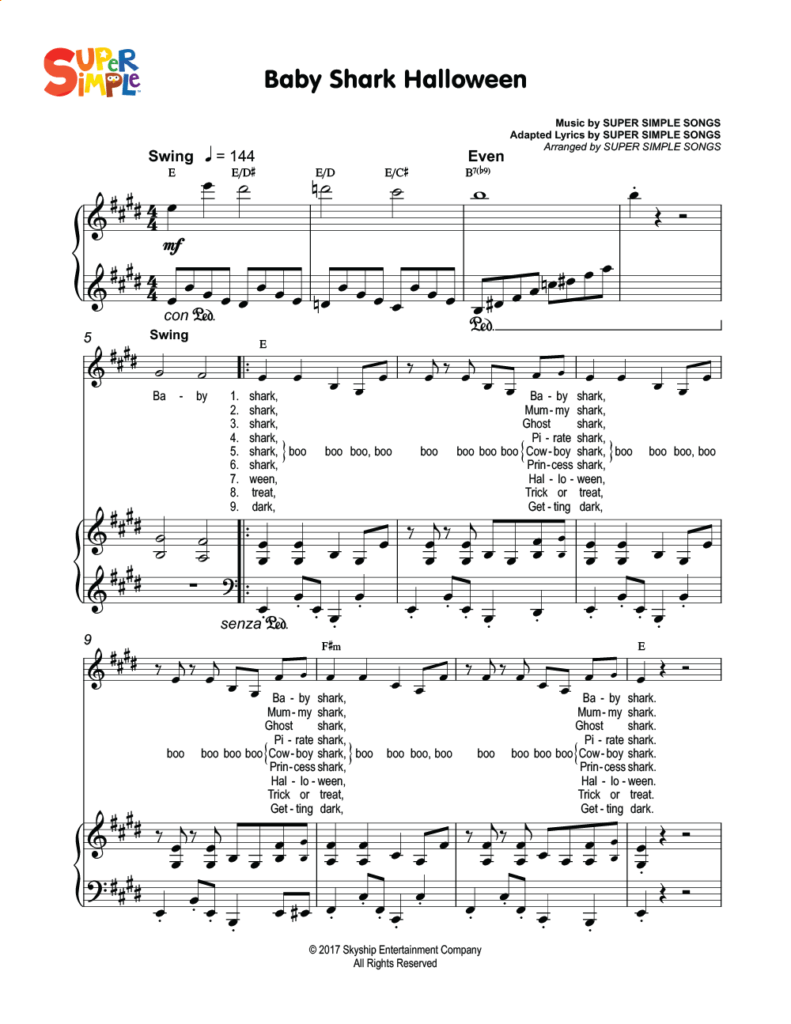 Baby Shark Halloween Sheet Music Super Simple