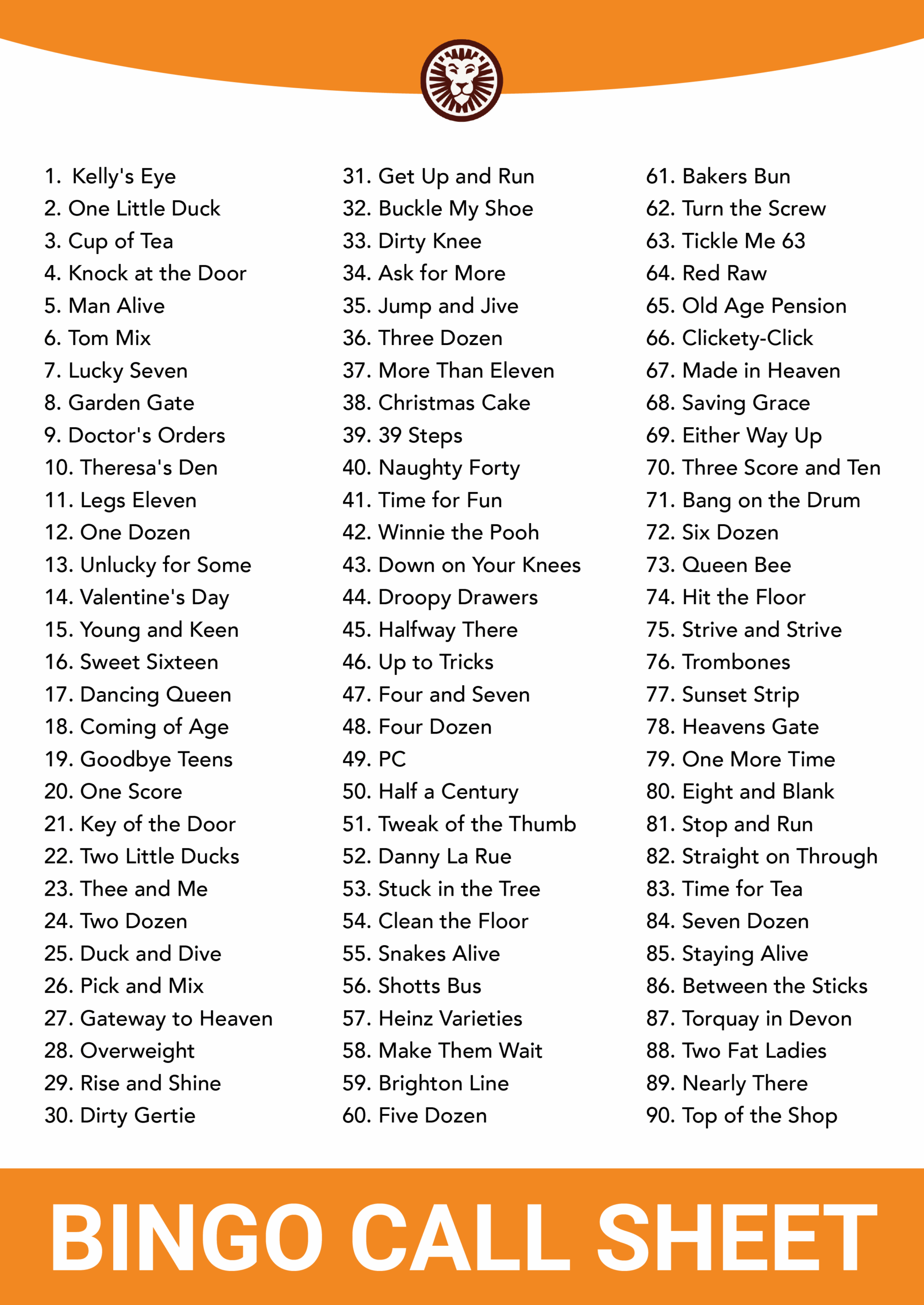 Printable Bingo Numbers To Call