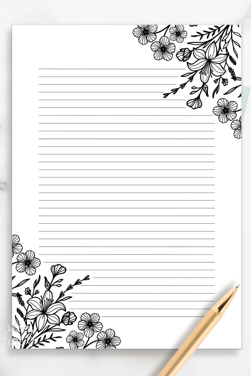 Black And White Floral Lined Paper Printable Stationery Paper Journal Paper Digital Download Stationary Paper Minimalist Penpal Letter Etsy UK
