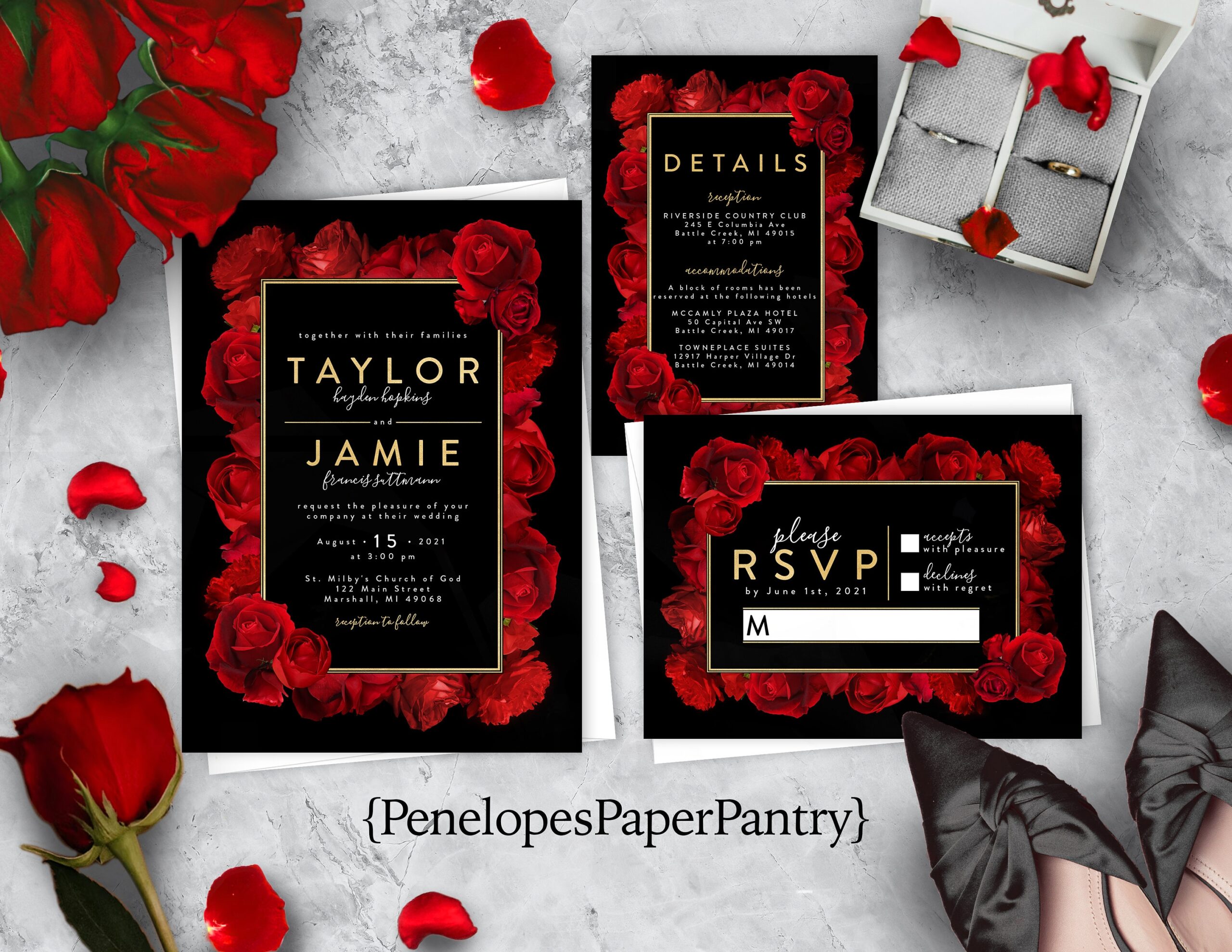 Buy Sophisticated Red Rose Wedding Invitation Personalized Red Roses Gold Print Frame Shimmery Custom Text Printed Invitations Envelope Included Online In India Etsy