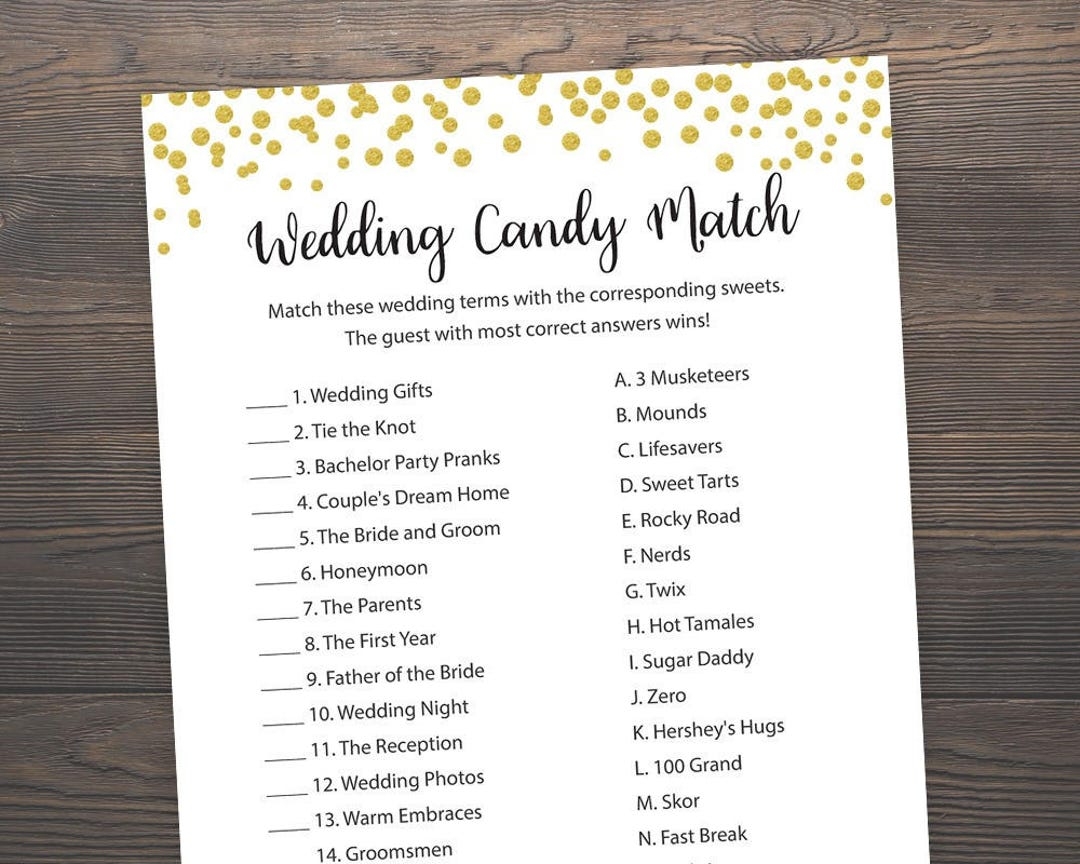 Candy Bar Matching Game Bridal Shower Games Wedding Candy Match Gold Confetti Candy Game Gold Bridal Shower Games Printable J001 Etsy