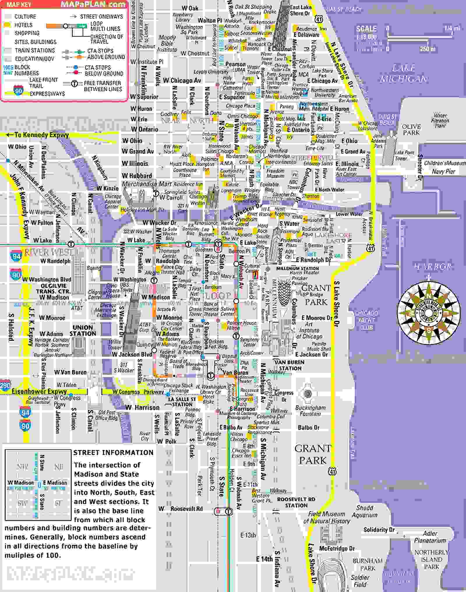 Chicago Iconic Tourist Attractions Map Free Inner City Map Showing Magnificent Mile Shopping Malls Main Landmarks Great Sights Famous Buildings Historic Spots