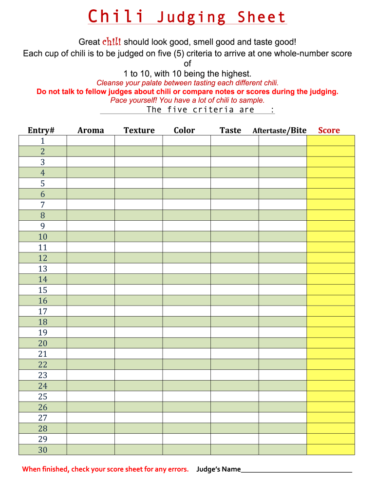 Chili Cookoff Judge Sheet Fill Online Printable Fillable Blank PdfFiller