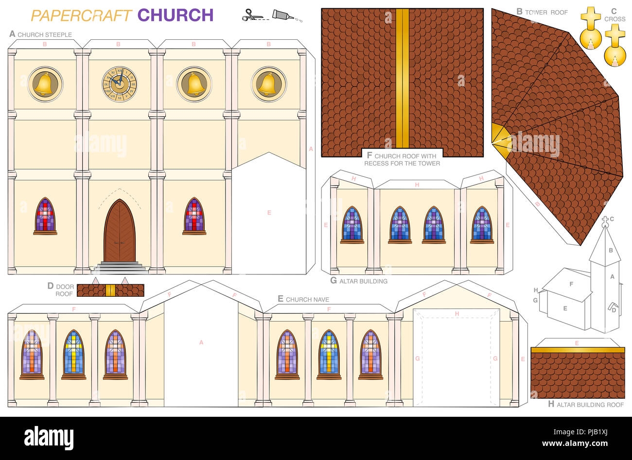 Church Building Paper Craft Model Cut out Sheet For Making A Detailed 3d Scale Model Church With Steeple Nave Altar Extension Colorful Windows Stock Photo Alamy