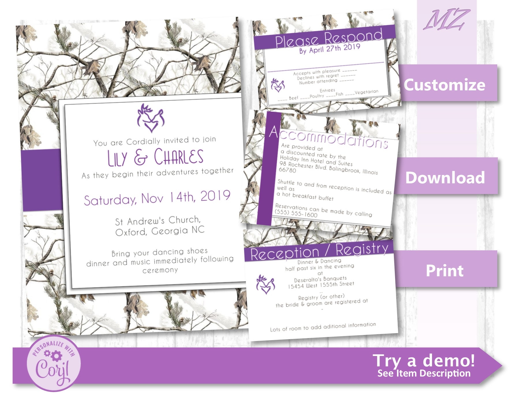 Customizable Recolorable Winter CAMO Wedding Invite Set Purple Camo Invitations Custom Instant Download Printable Wedding Template Etsy