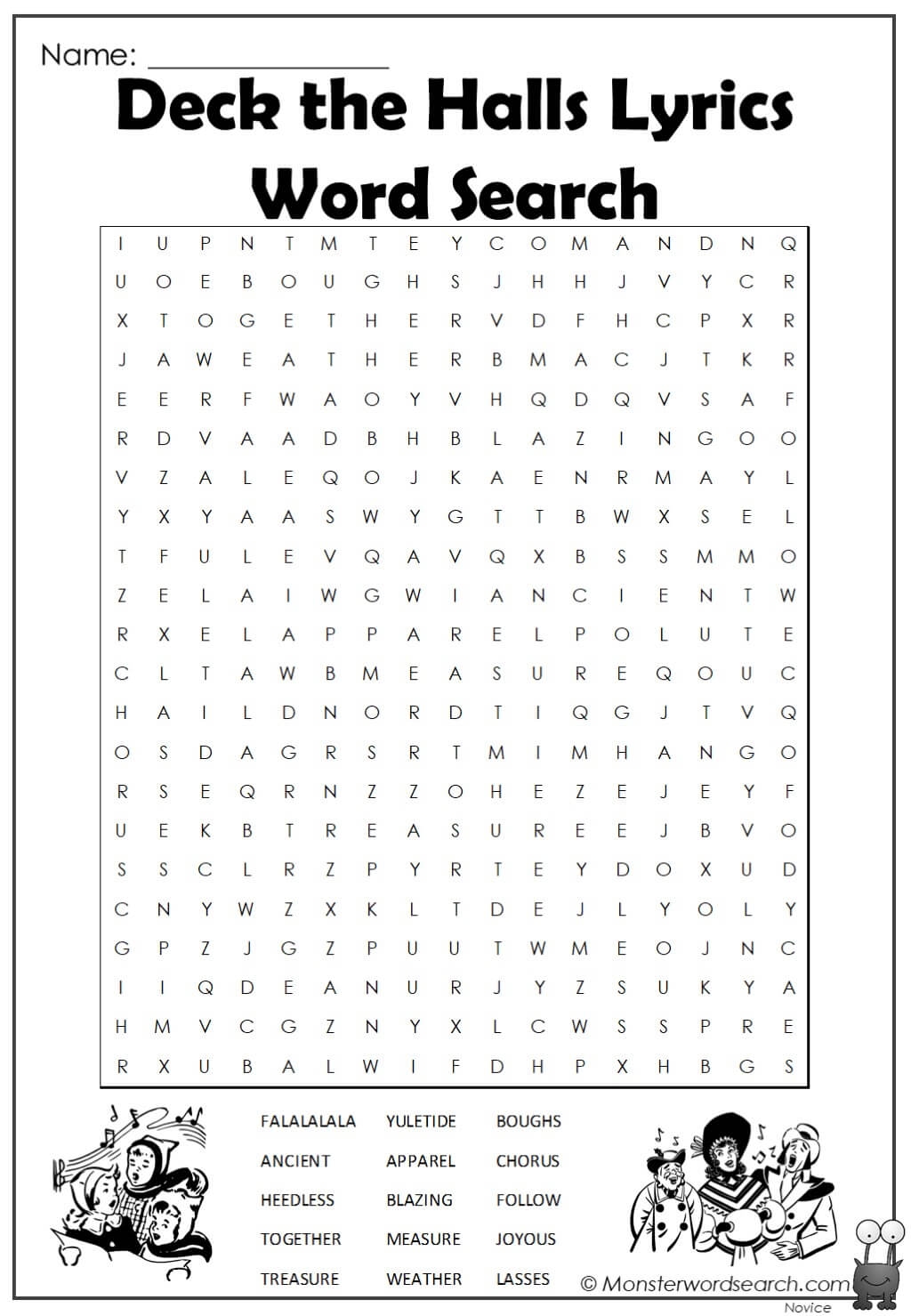 Deck The Halls Lyrics Word Search Monster Word Search