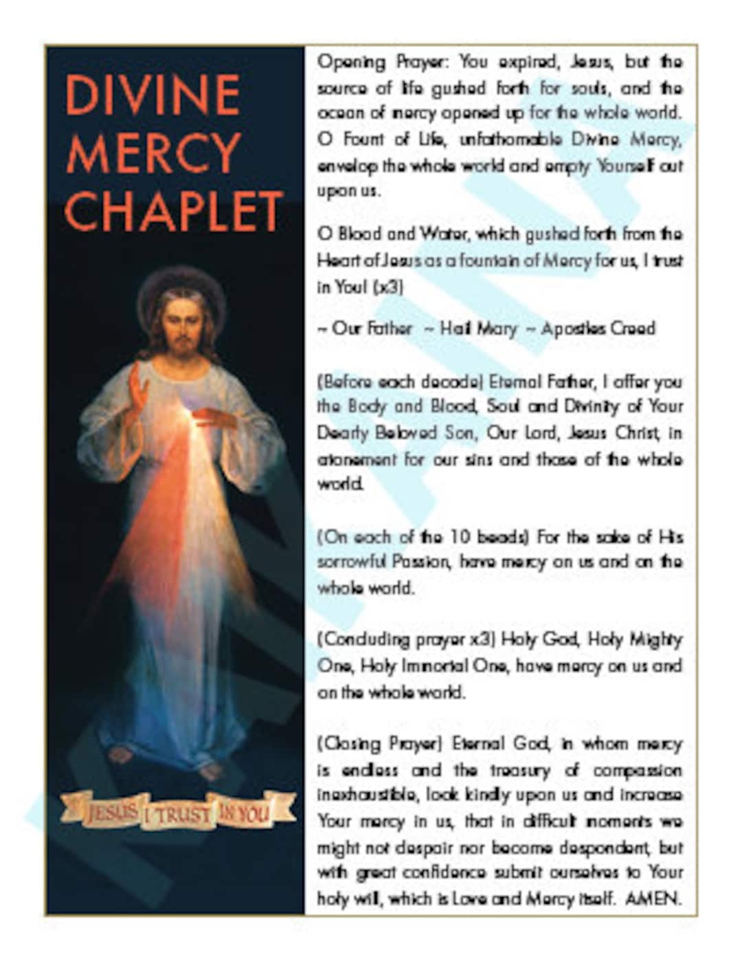 Divine Mercy Chaplet Prayer Card 4 On A Page Downloadable And Printable Catholic Saint Prayer Card Etsy