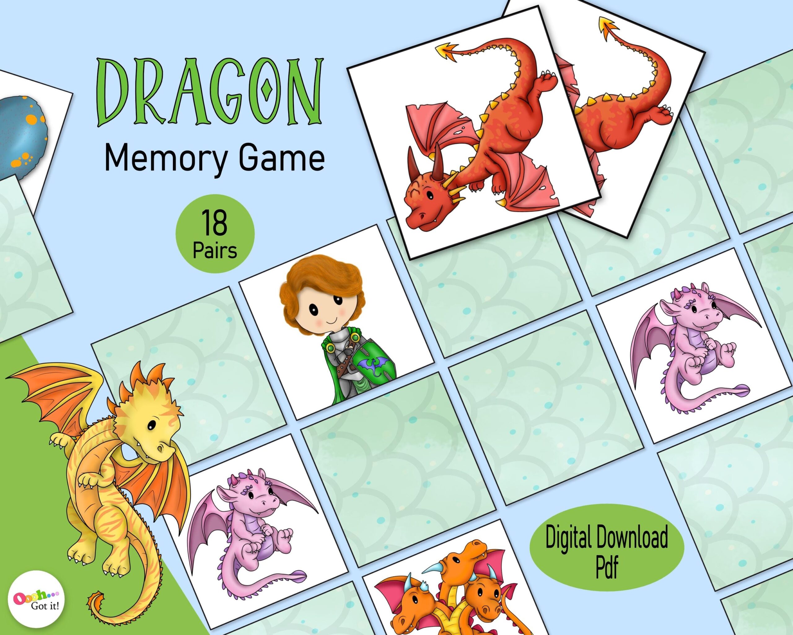 Dragon Memory Card Game A Printable Fantasy Dragons Knights Picture Matching Party Game For Toddlers Kids Or Quiet Time Family Activity Etsy