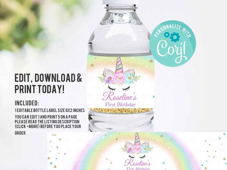 EDITABLE Unicorn Bottle Water Labels Unicorn Baby Shower Pink Gold Unicorn Glitter Unicorn Party Instant Download Printable Template Etsy