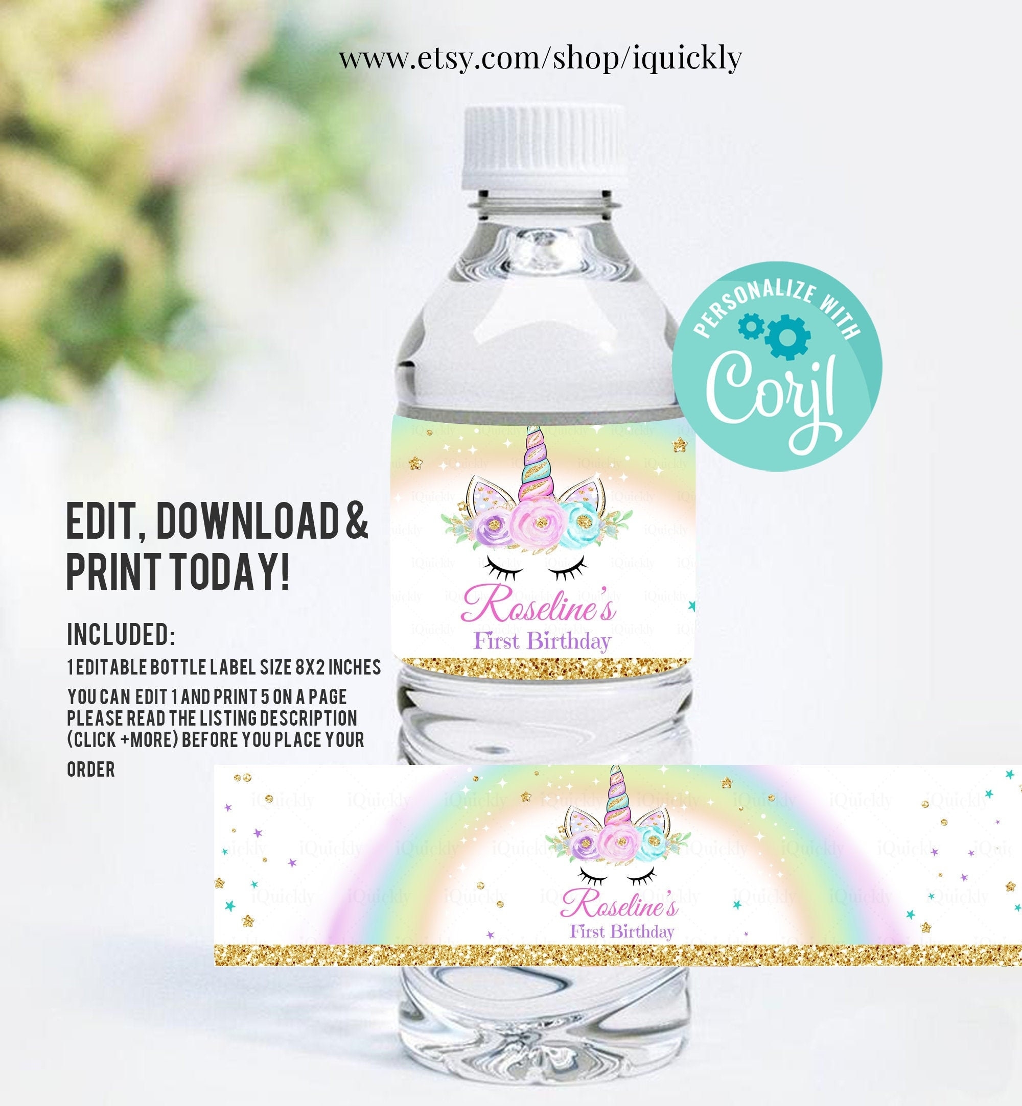 EDITABLE Unicorn Bottle Water Labels Unicorn Baby Shower Pink Gold Unicorn Glitter Unicorn Party Instant Download Printable Template Etsy