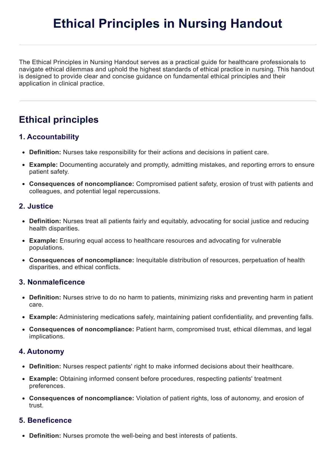 Ethical Principles In Nursing Handout Example Free PDF Download