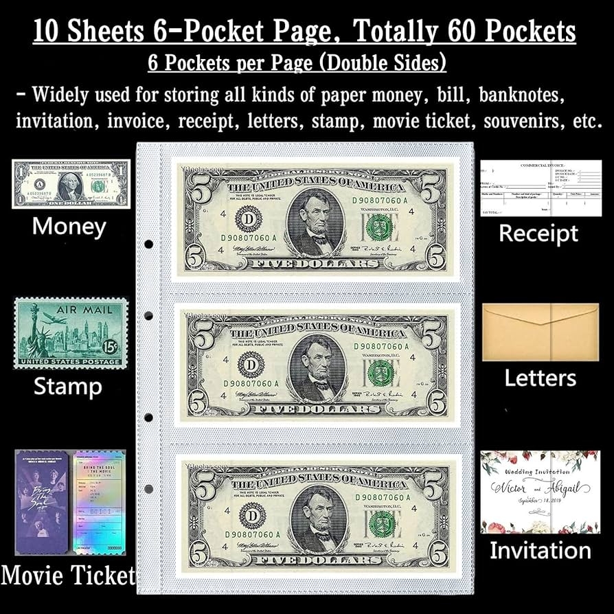 Ettonsun 10 Sheets 60 Pockets Paper Money Collection Pages Currency Sleeves Currency Holder Collection Supplies Album Pages For Travel Money Storage Amazon au Stationery Office Products