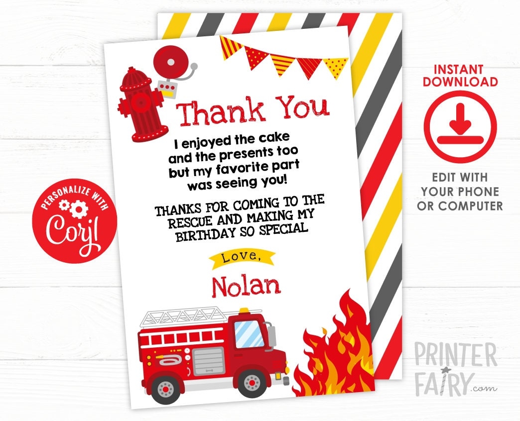 Firefighter Thank You Cards EDITABLE Fire Fighter Birthday Party Fireman Thank You Notes Firetruck Birthday Party INSTANT DOWNLOAD Etsy