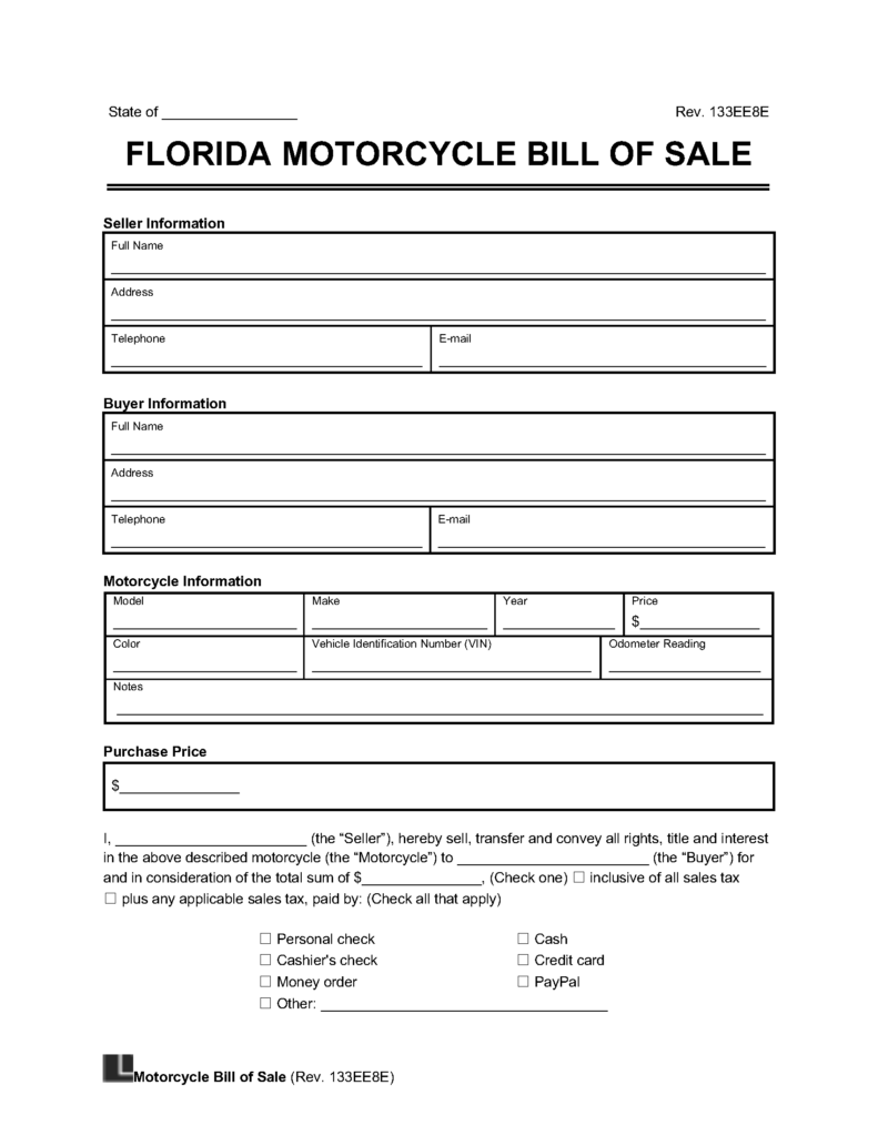 Printable Vehicle Bill Of Sale In Florida
