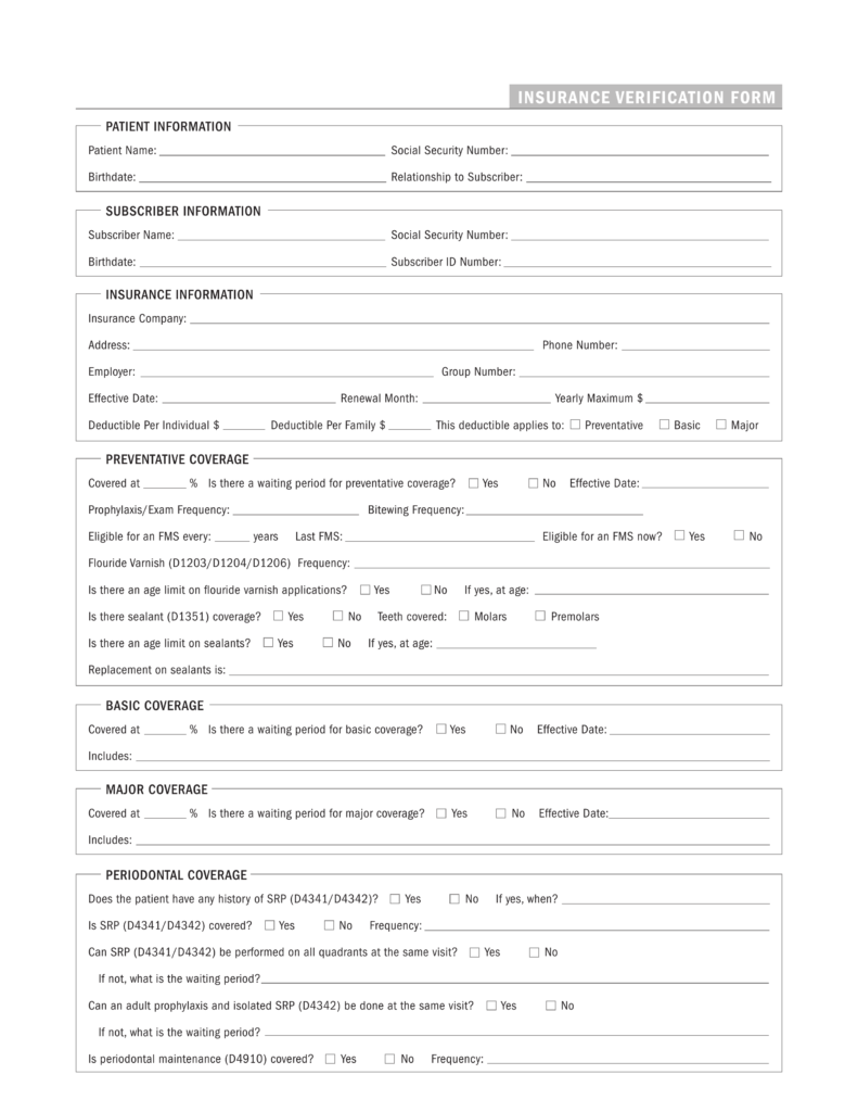 Free Dental Insurance Verification Form PDF EForms