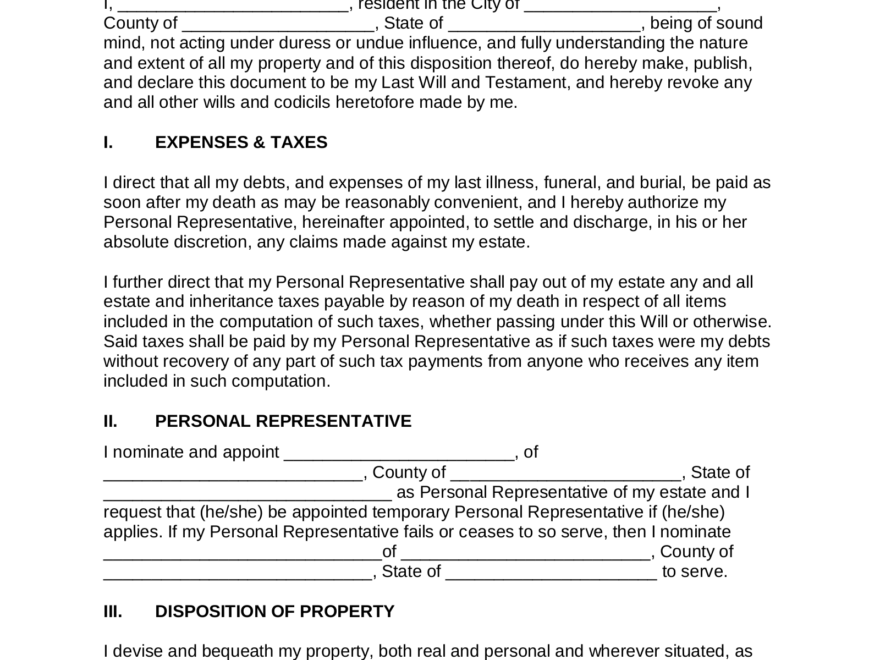 Free Last Will And Testament Will PDF Word EForms