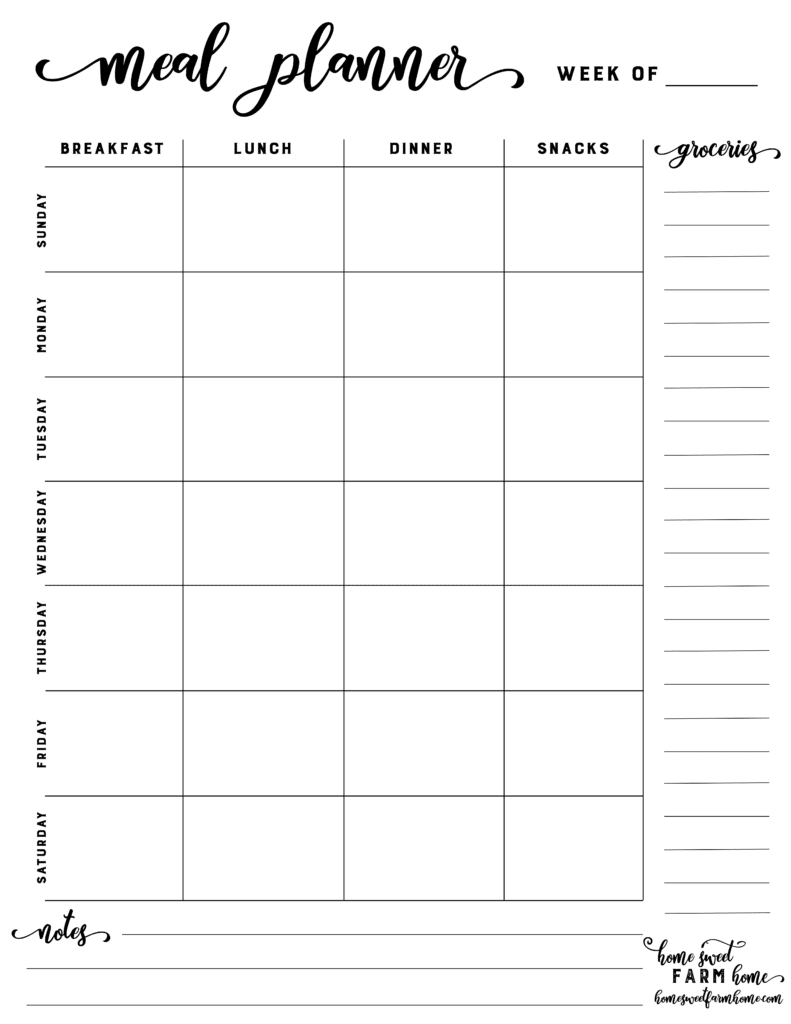 Free Printable Weekly Menu Planner Template