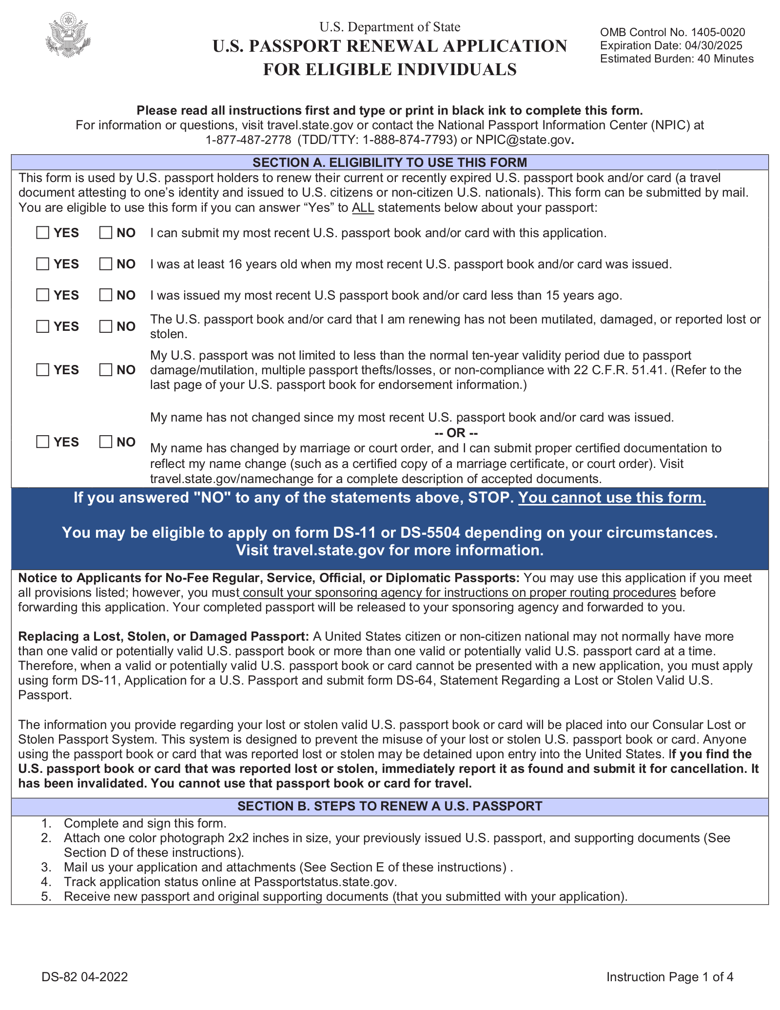 Free Passport Renewal Application Form DS 82 PDF EForms Worksheets Library