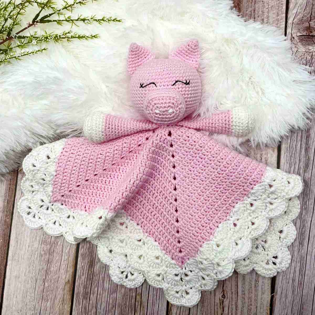 Free Pig Crochet Lovey Pattern Shell Border Blanket Cuddly Stitches Craft