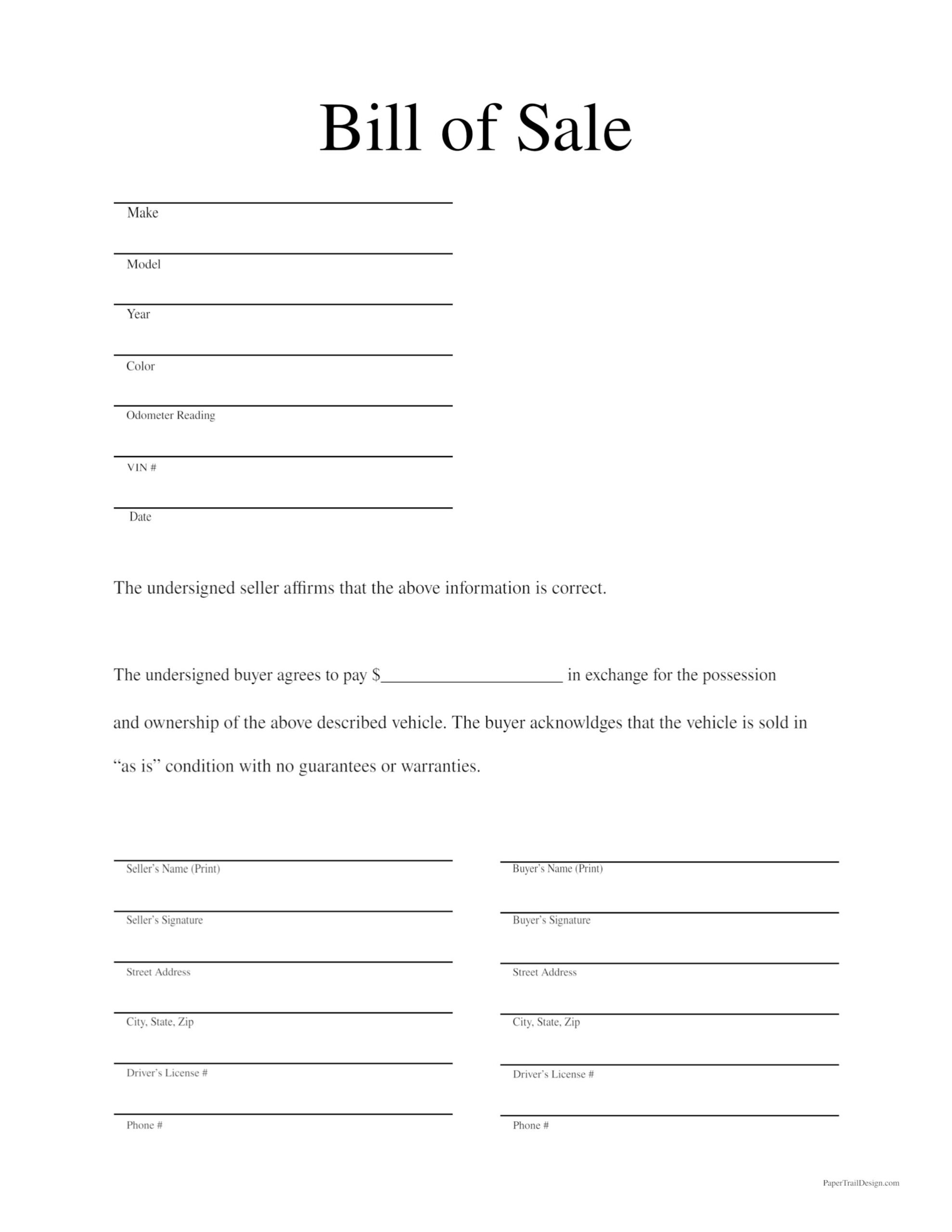 Free Bill Of Sale Form Printable