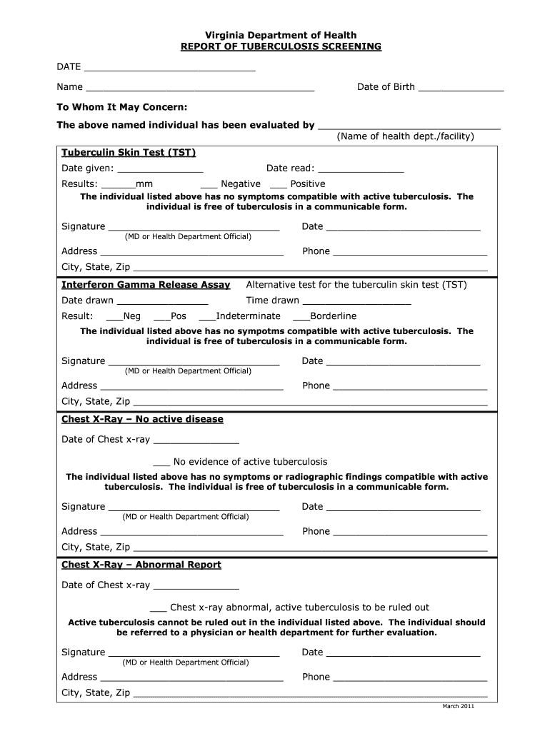 Generic Printable Tb Test Form