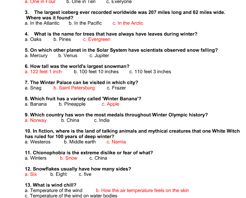 Free Printable Winter Trivia Quiz With Answers Worksheets Library