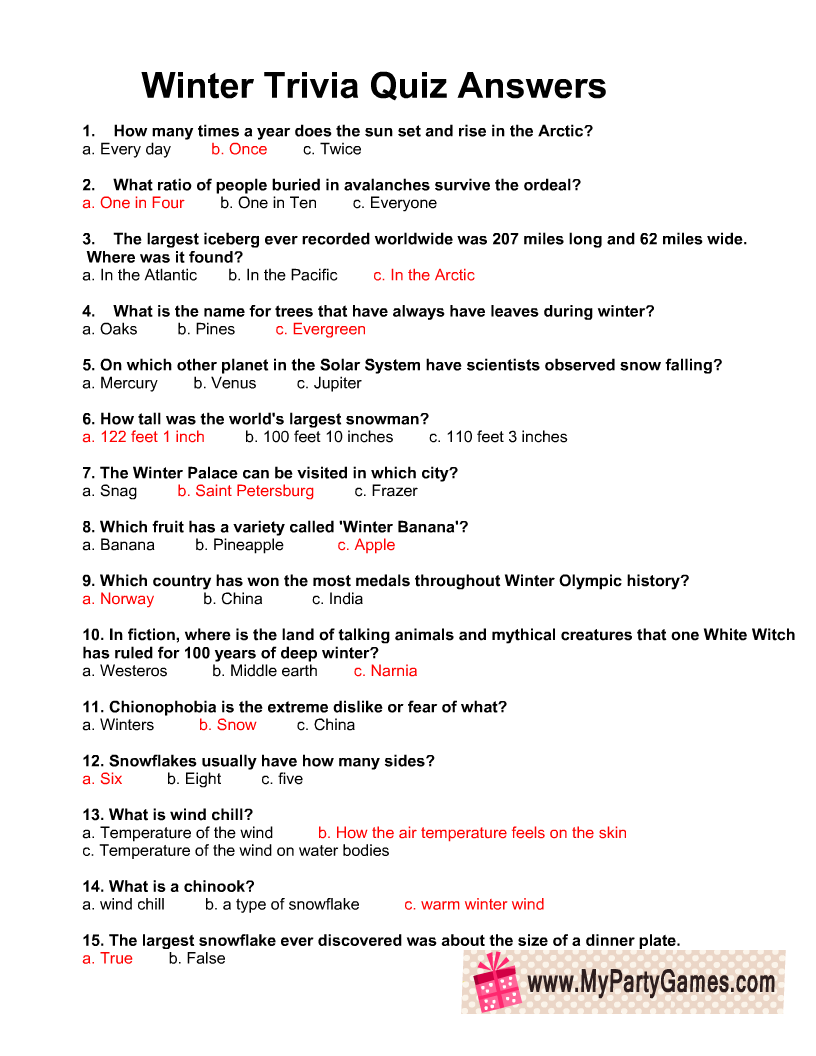 Free Printable Winter Trivia Quiz With Answers Worksheets Library