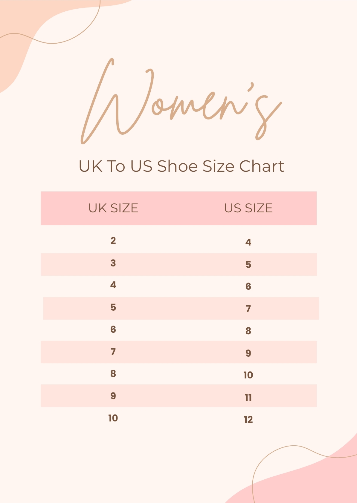 WomenS Shoe Size Chart Printable