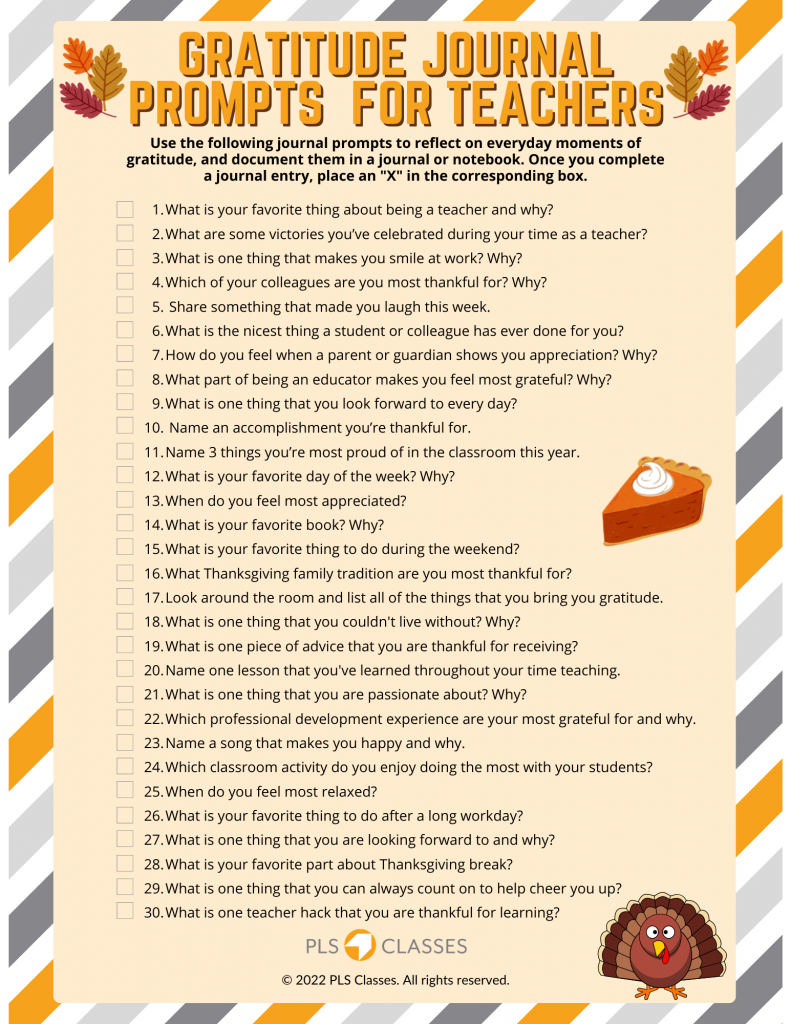 Gratitude Journal Prompts For Teachers Printable PLS Classes