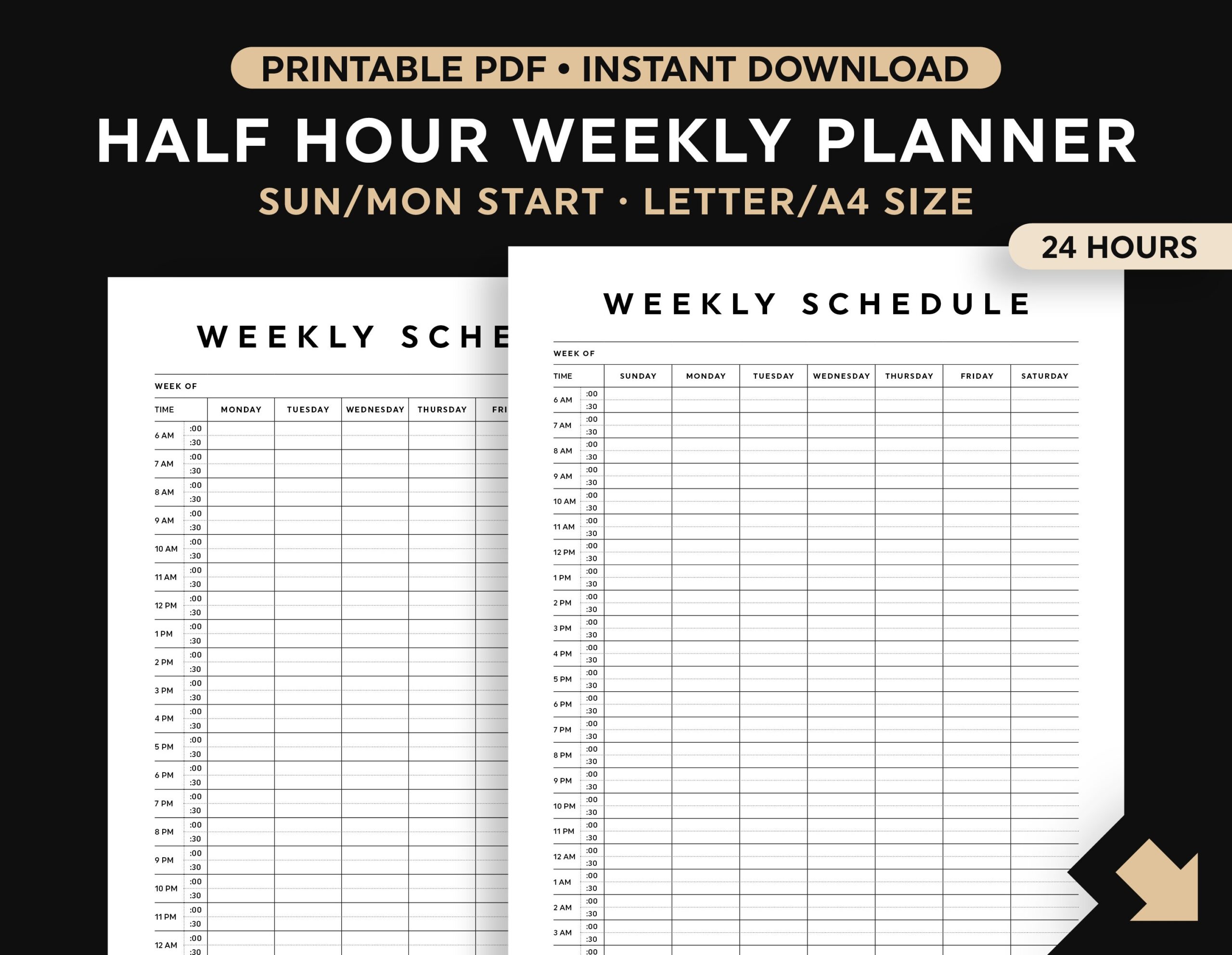 Half Hour Weekly Schedule Printable Half Hour Daily Schedule Template Daily Agenda Hourly Schedule Time Planner Sunday monday Start Etsy