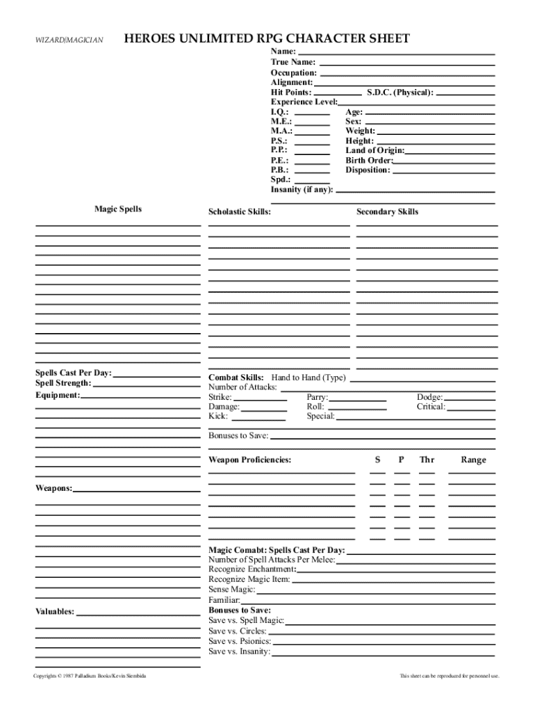 Heroes Unlimited Character Sheet Printable