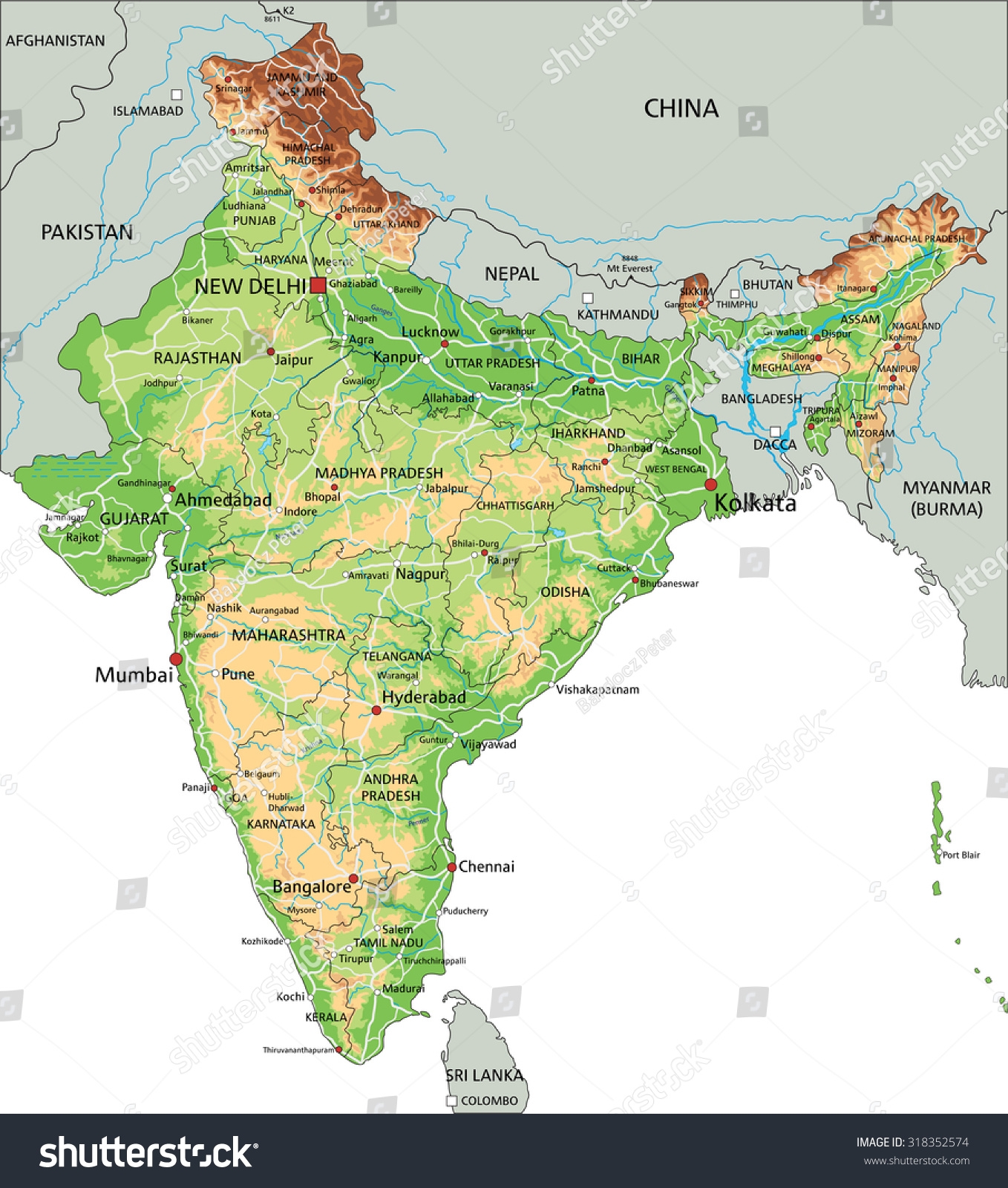 High Detailed India Physical Map Labeling Stock Vektorgrafik Lizenzfrei 318352574 Shutterstock