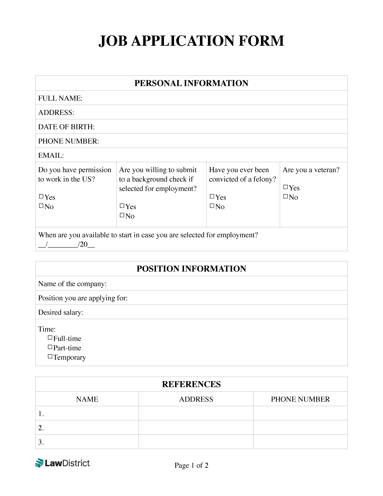 Free Printable Applications For Employment