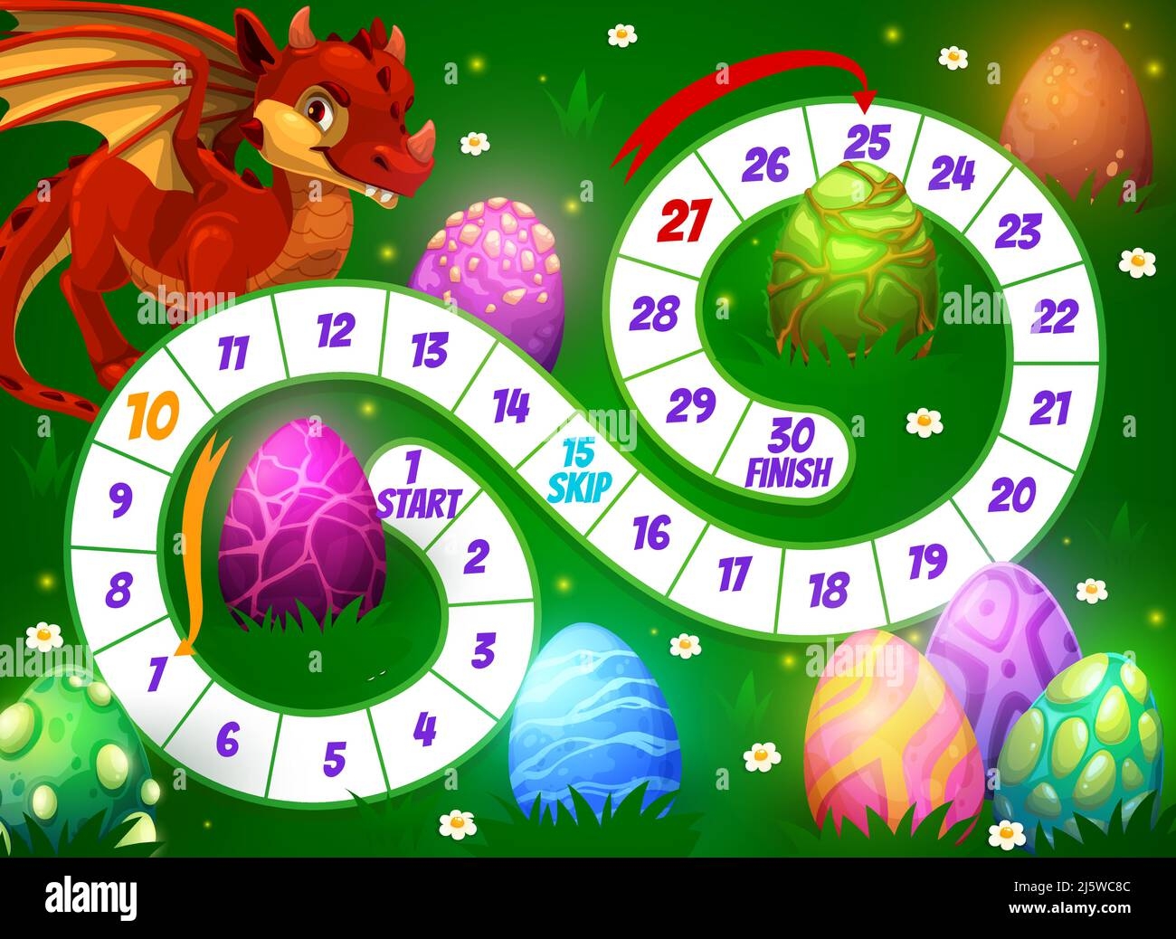 Kids Board Game With Cartoon Dragon And Eggs On Green Meadow Vector Riddle Worksheet Kids Tabletop Dice Or Race Game With Cartoon Dragon Lizard Or D Stock Vector Image Art 