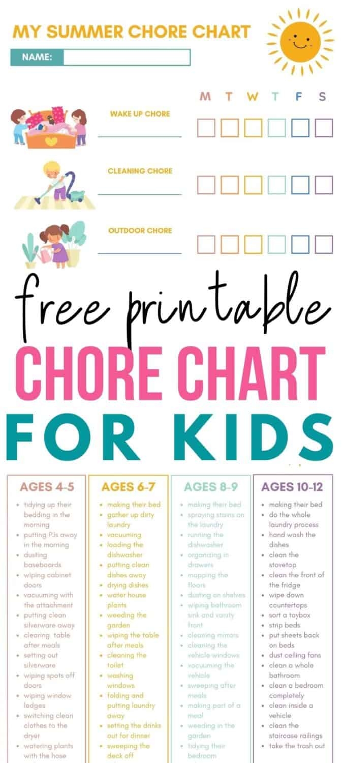 Kids Summer Chore Chart For All Ages Free Printable
