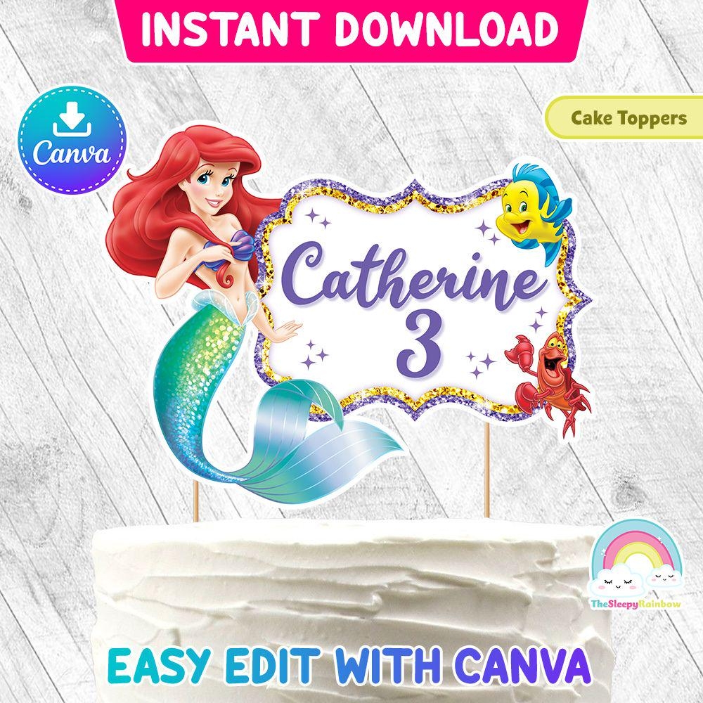 Little Mermaid Birthday Party Cake Toppers Little Mermaid Ariel Printable Birthday Cake Toppers Easy Edit Canva Template Editable File Etsy