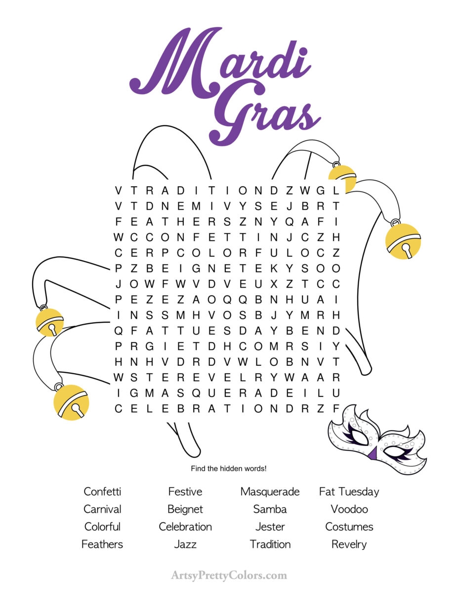 Mardi Gras Word Search Puzzles Grab Them For Free Artsy Pretty Colors