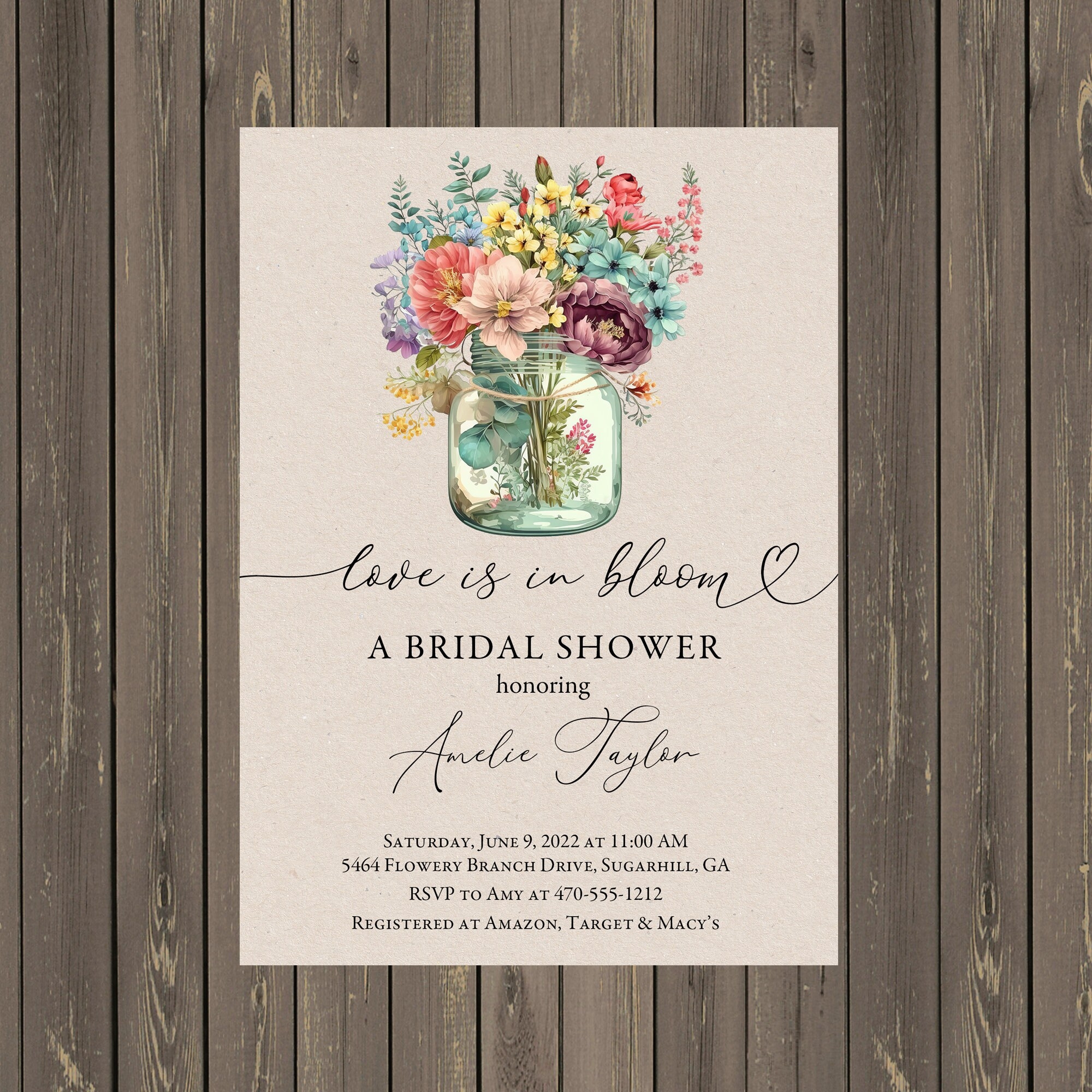 Mason Jar With Flowers Bridal Shower Invitation Love Is In Bloom Couples Shower Rustic Bridal Shower Kraft Paper Printable Or Printed Etsy
