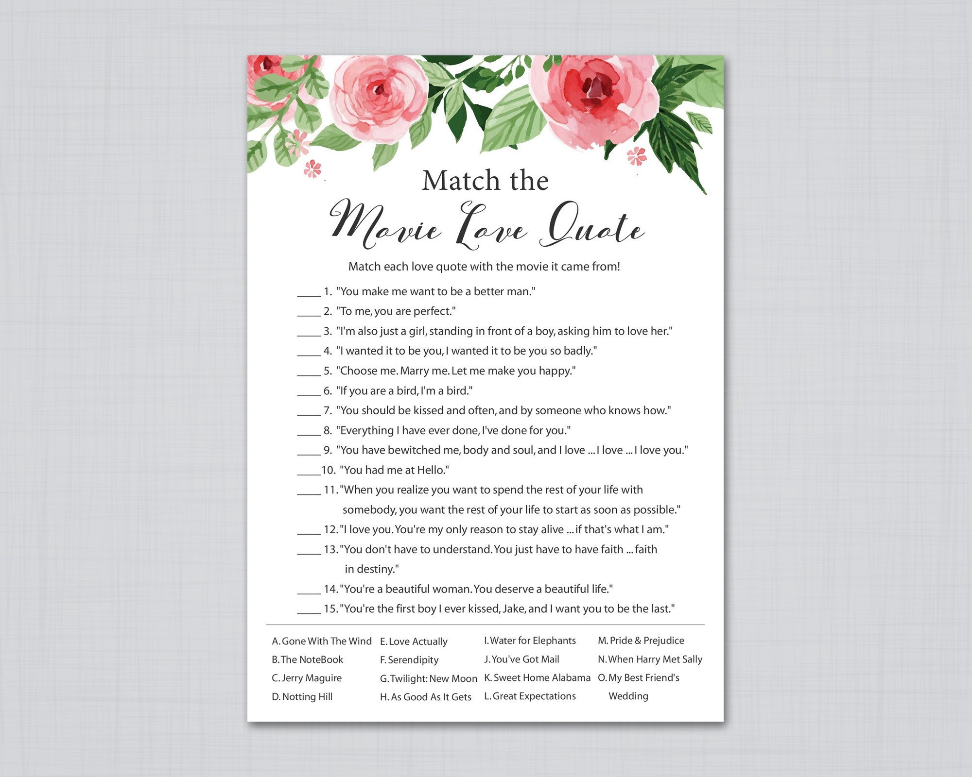 Printable Movie Love Quotes Game
