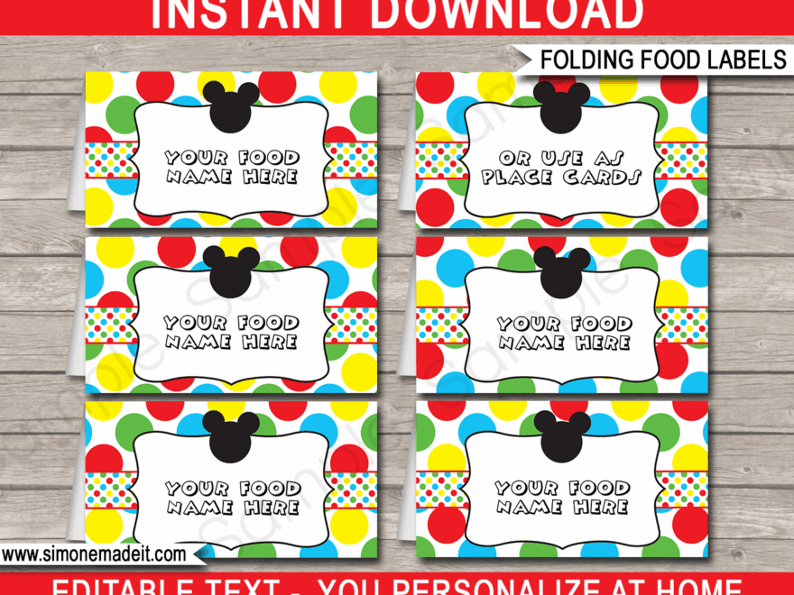 Mickey Mouse Party Food Labels Place Cards Mickey Mouse Theme