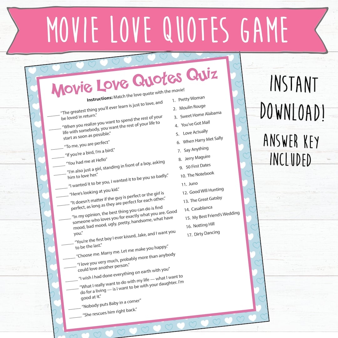 Movie Love Quotes Trivia Game Instant Download Romantic Movie Quotes Valentine s Games Bridal Shower Games Printable Party Games Etsy Australia